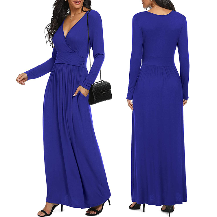 商品Alt模板：Women Long Sleeve Deep V Neck Loose Plain Long Maxi Casual Dress with Pockets - xtest