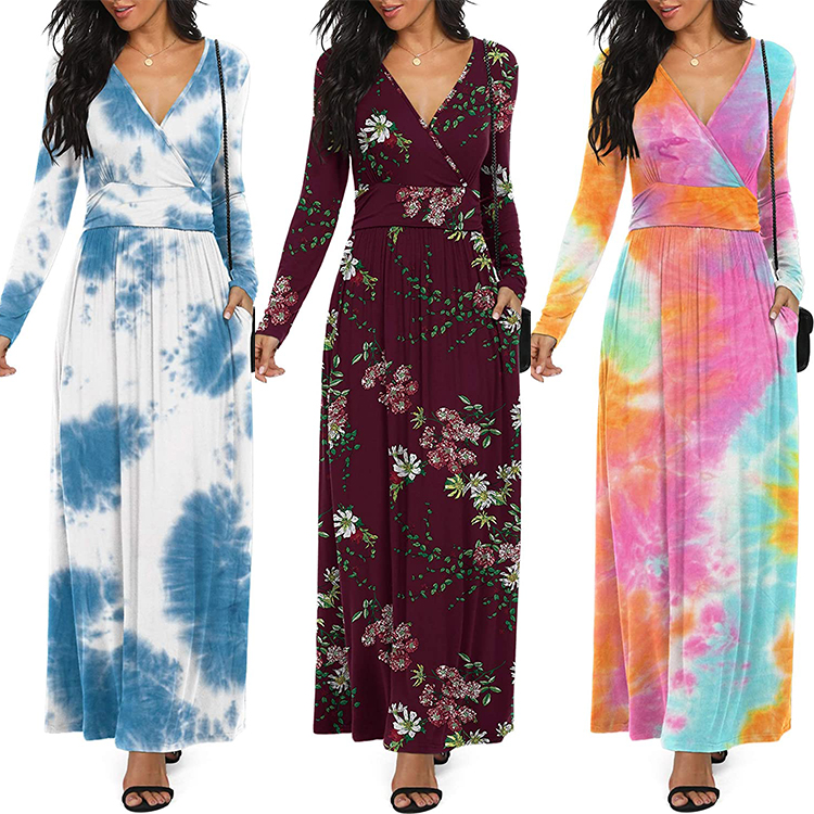 商品Alt模板：Women Long Sleeve Deep V Neck Loose Plain Long Maxi Casual Dress with Pockets - xtest